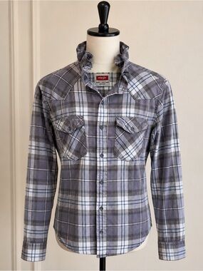 Upcycled custom ruffled Wrangler  Gray and Cream Plaid Button-Up Shirt.